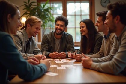 Groupe d'amis jouant aux cartes autour d'une table en journée