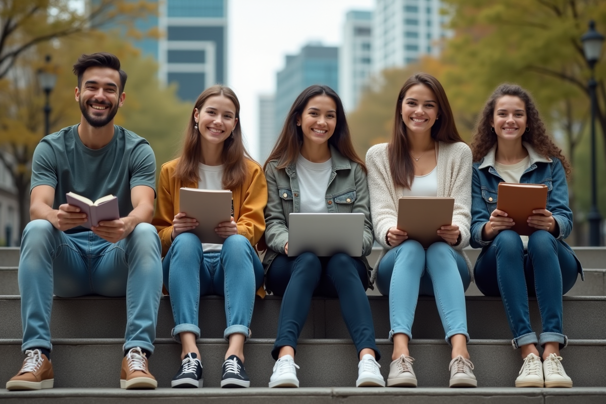 Groupe diversifié de jeunes adultes sur des marches urbaines