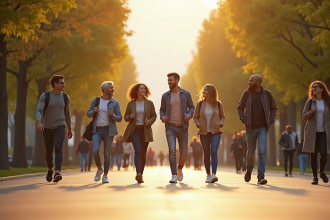 Groupe de personnes marchant dans un parc urbain ensoleille