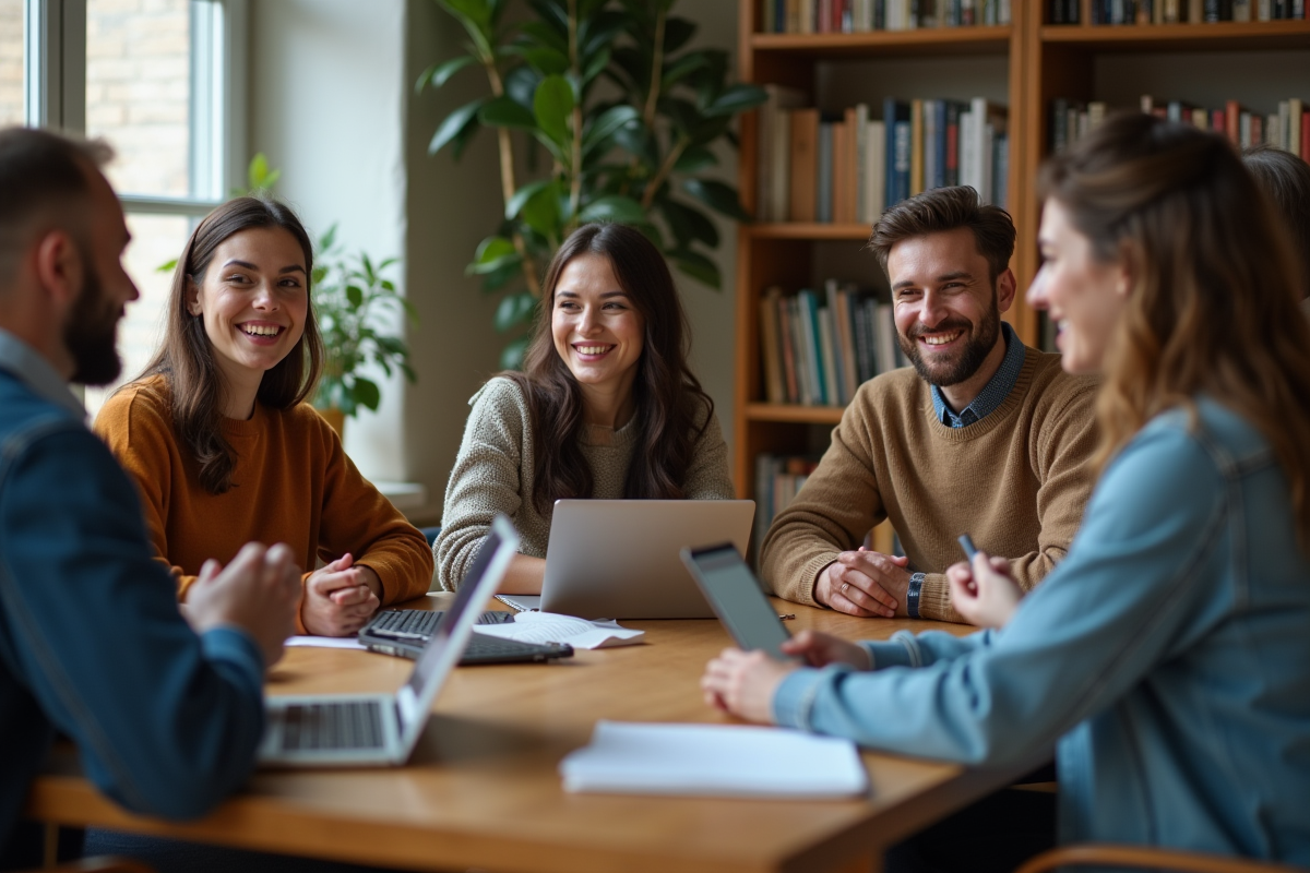 Groupe d'adultes divers en réunion conviviale à domicile