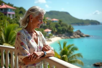 Femme martiniquaise consultant sa montre sur une terrasse avec vue sur la mer des Caraïbes, illustrant le décalage horaire entre la Martinique et la France en 2026