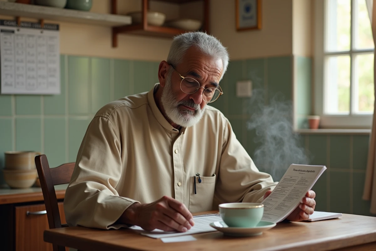 Homme âgé consultant un calendrier des horaires de prière imprimé dans une cuisine à Compiègne