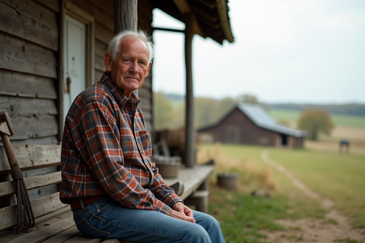 Homme âgé assis dans un paysage rural paisible