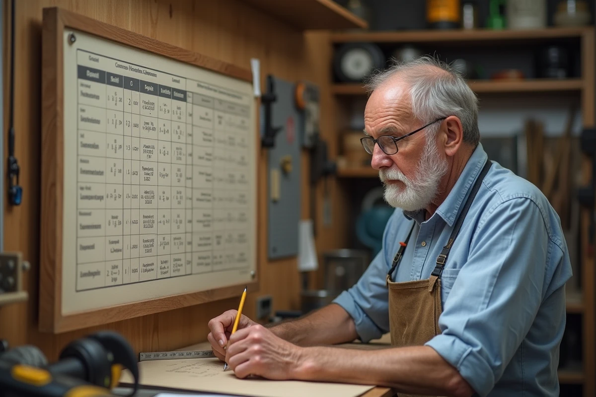 Homme d age utilisant une règle pour convertir des mesures liquides