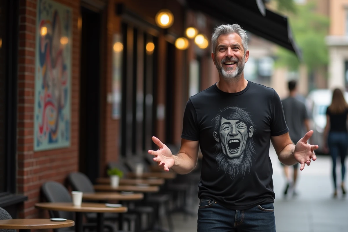 Homme décontracté discutant dans un café urbain