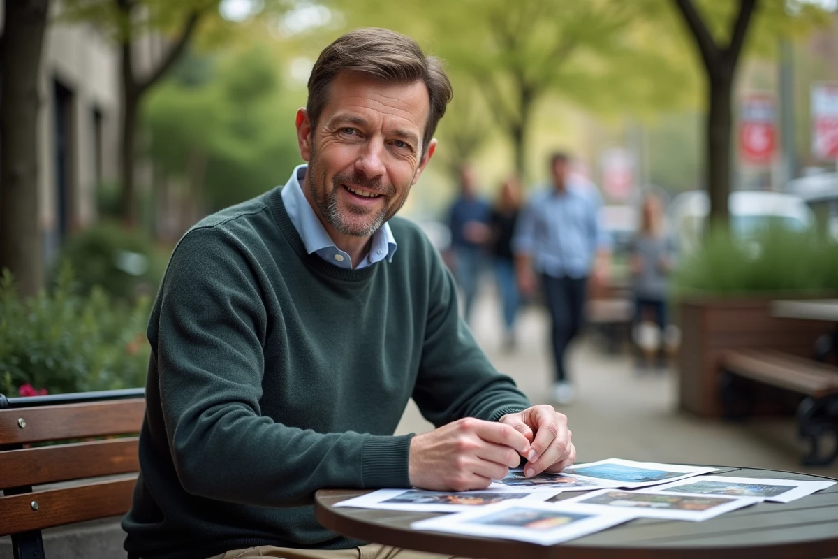 Homme regardant des cartes dans un café en plein air