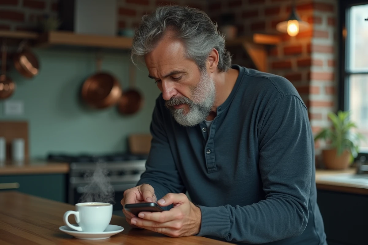 Homme cinéphile consultant une recommandation de film du jour sur son smartphone dans une cuisine urbaine avec briques apparentes