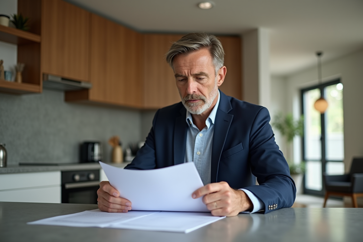 Homme en costume bleu examine documents de prêt immobilier
