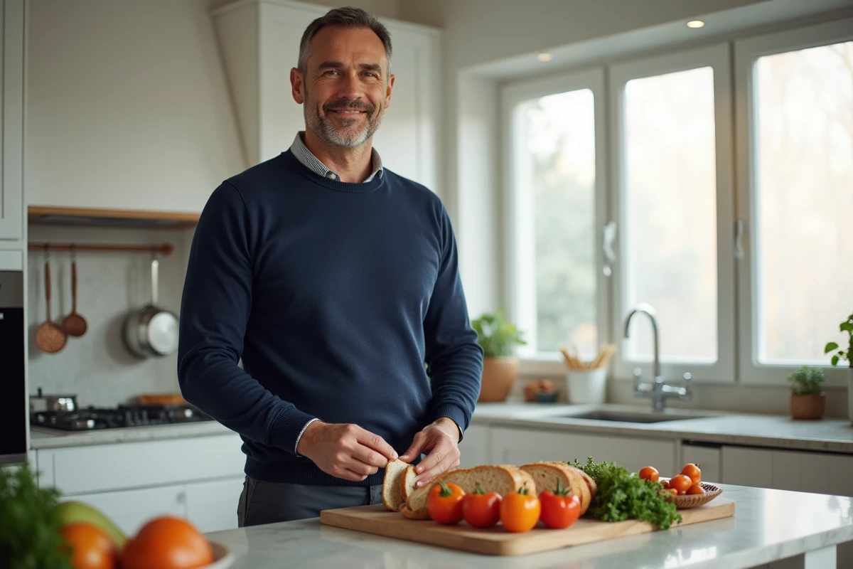 Homme préparant des aliments dans une cuisine moderne minimaliste, symbolisant le confort domestique et la stabilité matérielle associés au thème astrologique du 4 juillet