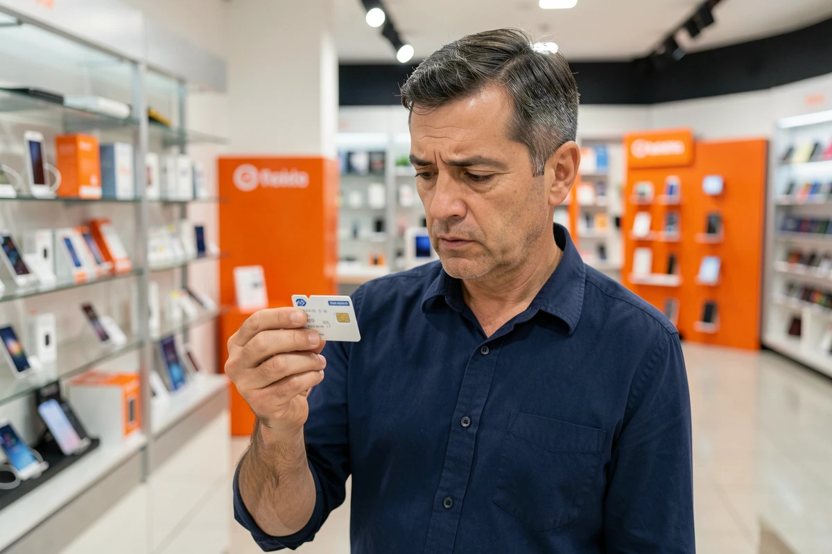 Homme examinant un packaging de carte SIM Orange dans un magasin de téléphonie mobile