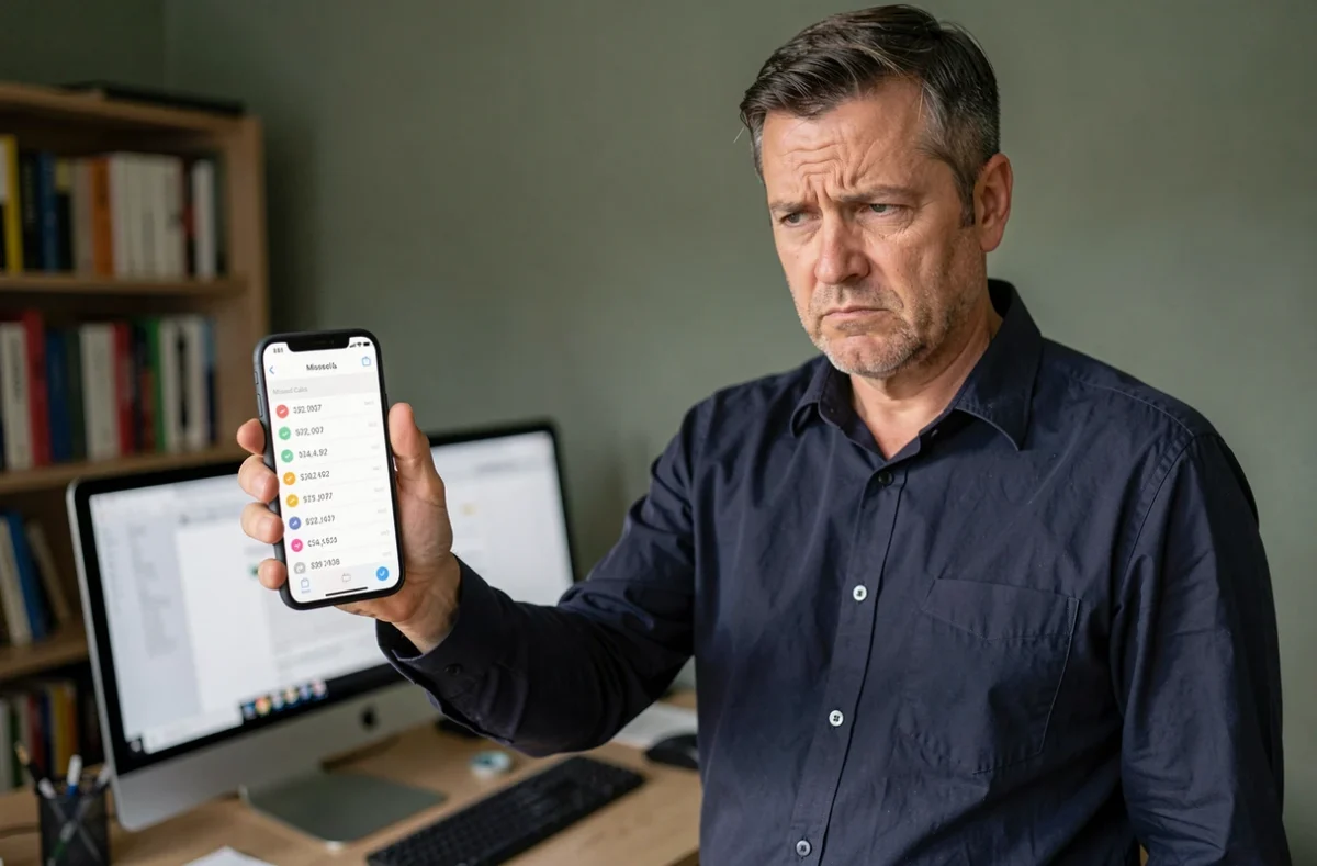 Homme consultant un journal d'appels manqués répétés d'un numéro harceleur sur son téléphone portable dans un bureau à domicile
