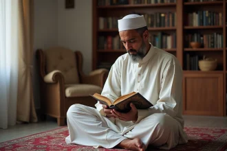 Homme nord-africain lisant le Quran dans un intérieur paisible