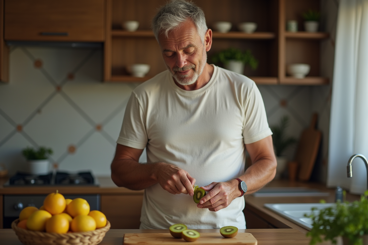 Homme dans la cuisine épluchant des kiwis avec calme