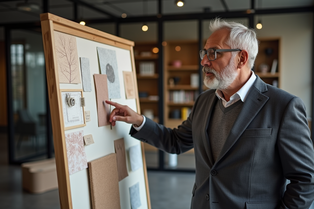 Homme présentant ses créations textiles à ses collègues en réunion