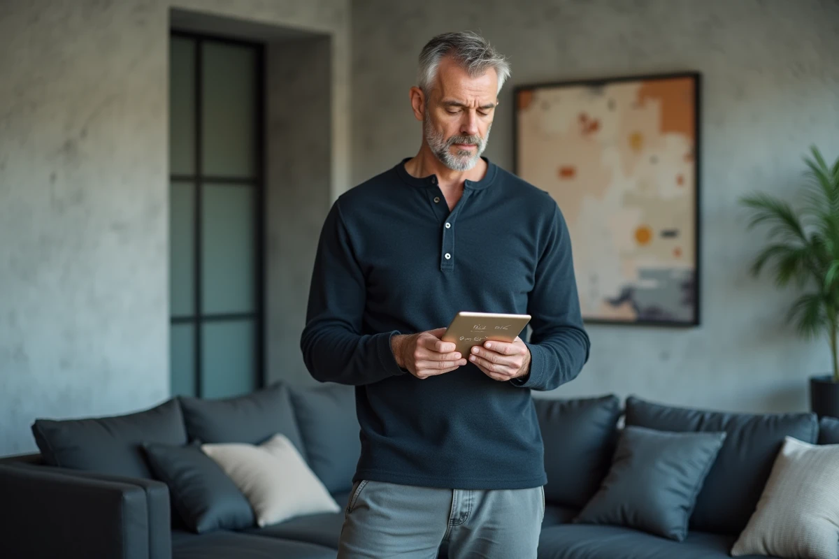 Homme consultant des promotions Cyber Monday 2026 sur une tablette dans un salon moderne et minimaliste