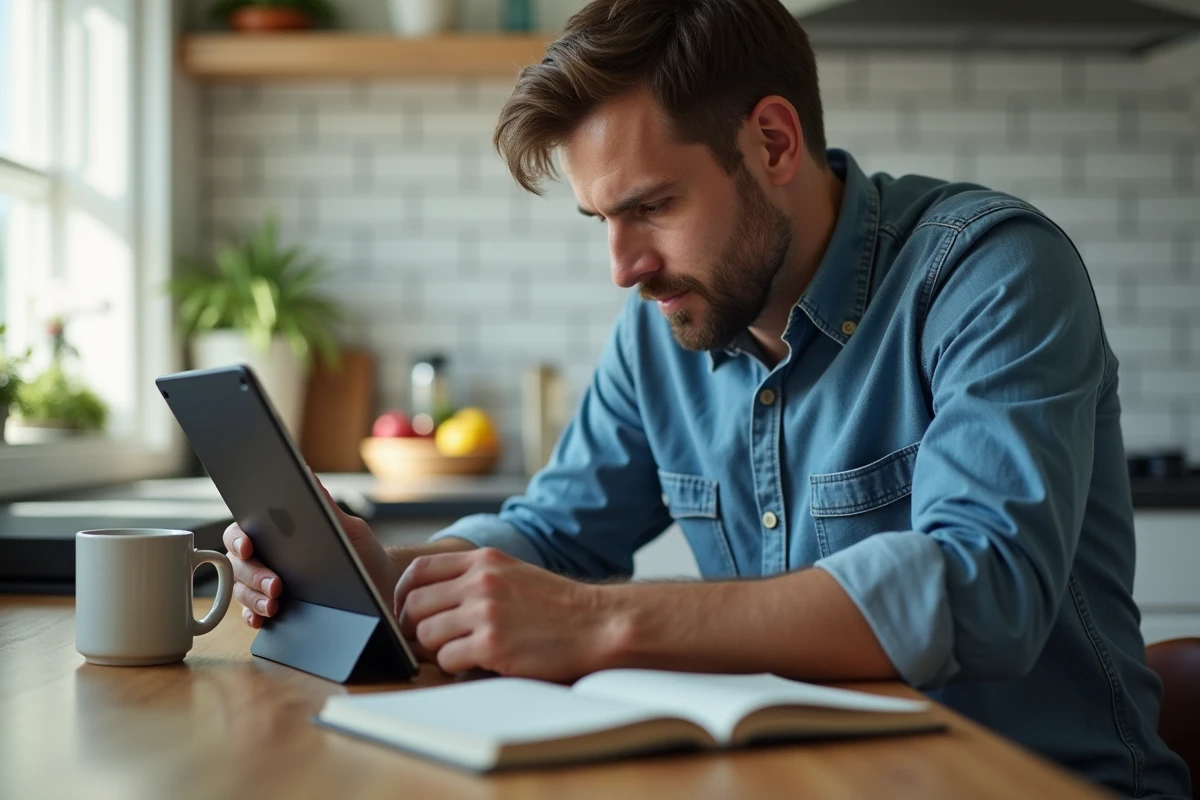 Homme consultant un guide de programme TV l'après-midi sur une tablette dans une cuisine