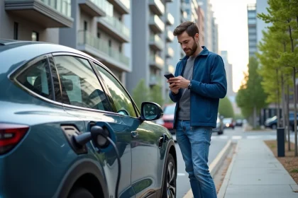 Homme regardant son téléphone près d'une voiture électrique en ville