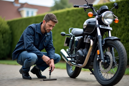Homme vérifiant la chaîne d'une moto Dax 125 Skyteam en extérieur