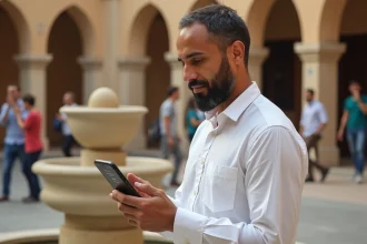 Homme consultant les horaires de prière de Nîmes sur son smartphone en plein air avec architecture romaine en arrière-plan