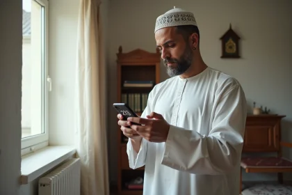 Homme consultant les horaires de prière sur son smartphone dans un appartement de Compiègne