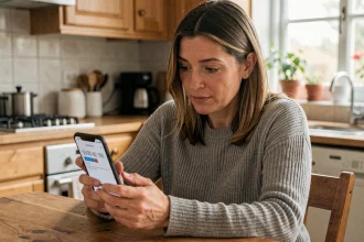 Femme tenant un smartphone affichant un numéro de téléphone inconnu, cherchant à identifier l'appelant via une application mobile