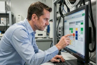Ingénieur entrant des valeurs dans un calculateur de champ magnétique Cat29 sur un ordinateur de laboratoire