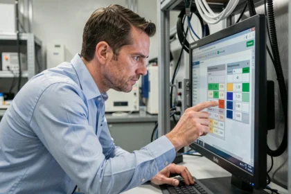 Ingénieur entrant des valeurs dans un calculateur de champ magnétique Cat29 sur un ordinateur de laboratoire