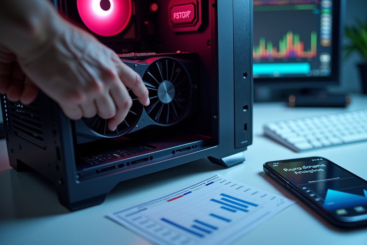 Main installant une carte graphique dans un PC avec résultats de benchmark