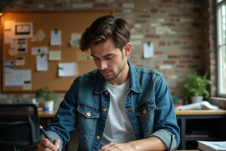 Jeune réalisateur étudiant un storyboard dans un bureau de production indépendante, évoquant les débuts de carrière au cinéma