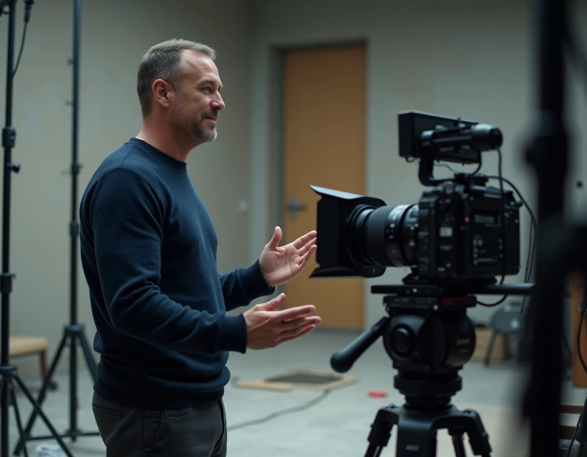 Réalisateur dirigeant une scène sur un plateau de tournage professionnel, illustrant la progression vers des productions de grande envergure
