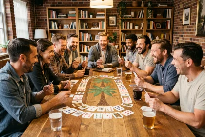 Grand groupe de dix adultes jouant au jeu du Palmier autour d'une grande table en bois avec des cartes disposées en éventail