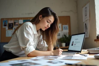 Jeune femme créative débutante travaillant sur son portfolio artistique à un bureau en bois avec photos et sketchbooks