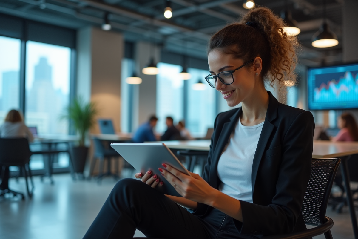 Jeune femme utilisant une tablette dans un espace de coworking moderne