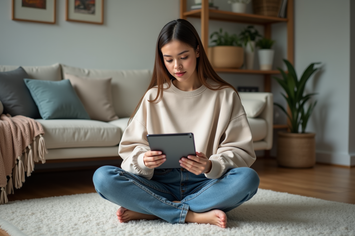 Jeune femme assise sur un tapis avec une tablette dans un salon cosy