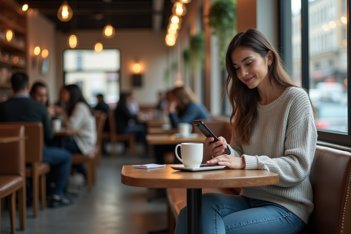 Jeune femme utilisant son smartphone dans un café urbain