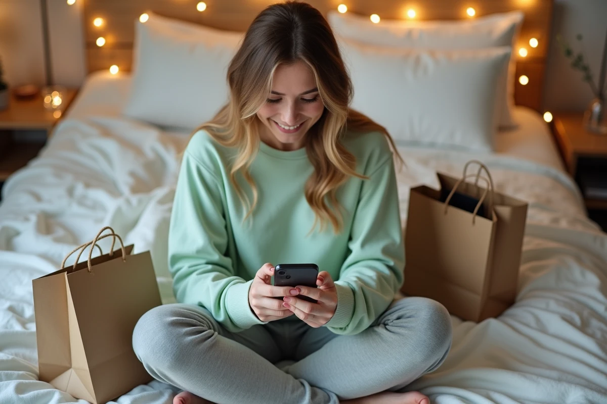 Jeune femme entourée de colis souriante en consultant le calendrier des promotions Cyber Monday 2026 sur smartphone dans sa chambre