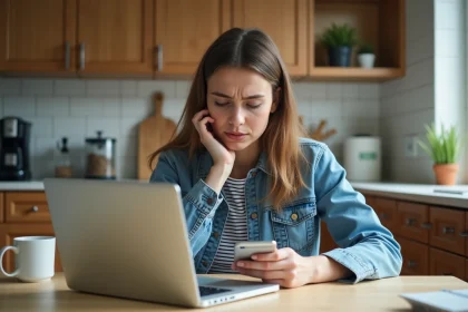 Jeune femme en cuisine avec ordinateur et smartphone