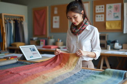 Jeune femme inspectant un tissu dans un studio de design textile
