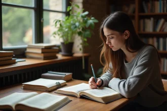 Jeune femme assise à une table en train de prendre des notes dans un livre
