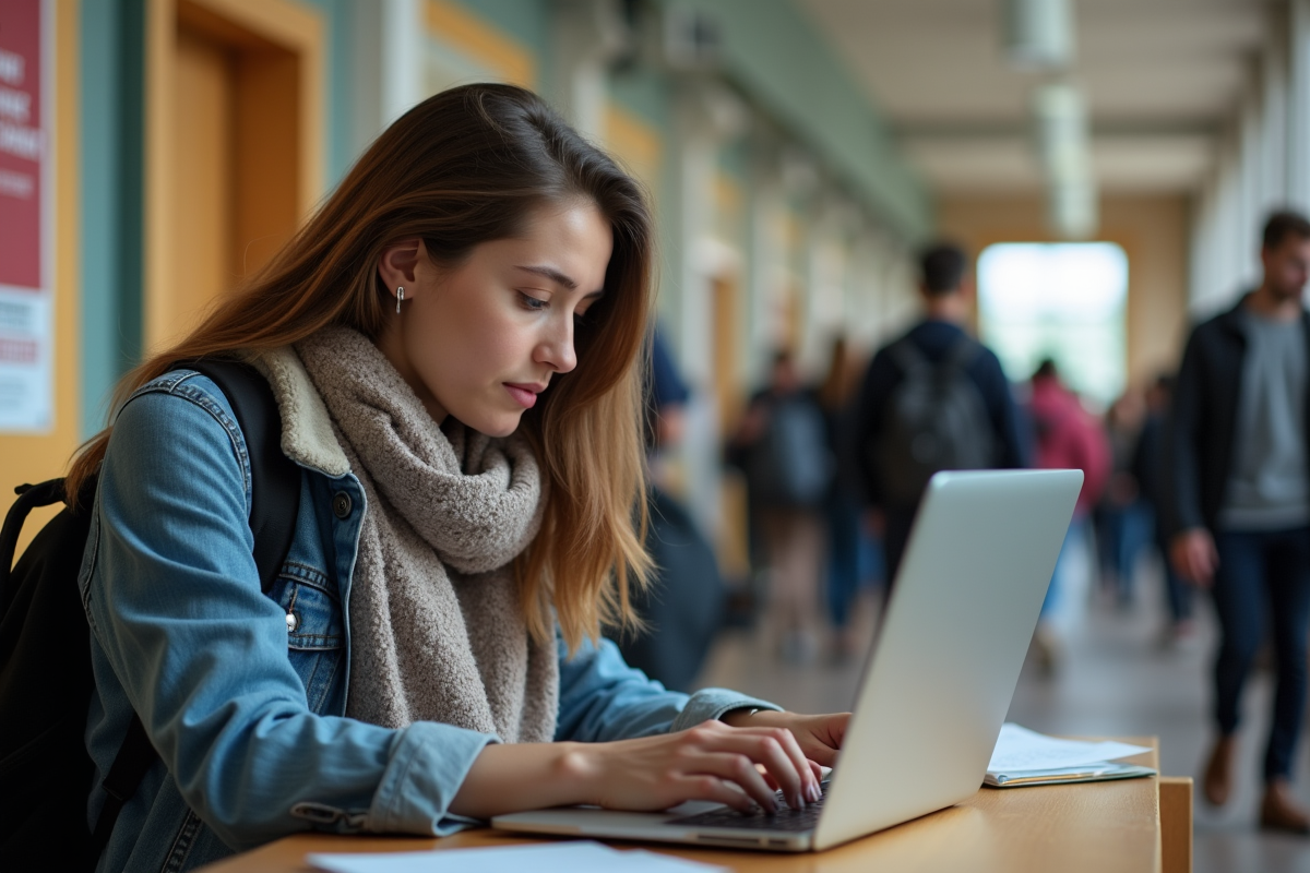 Jeune femme en étude dans un hall universitaire animé