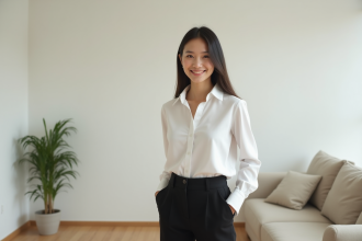 Jeune femme en tenue minimaliste dans un salon lumineux
