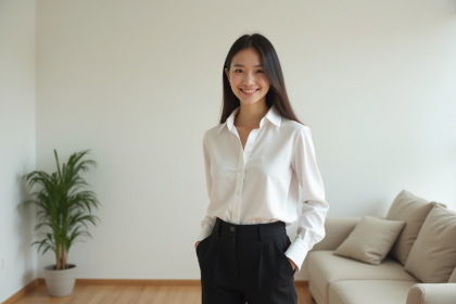 Jeune femme en tenue minimaliste dans un salon lumineux