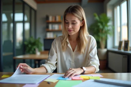 Jeune femme professionnelle organisant des notes colorées au bureau