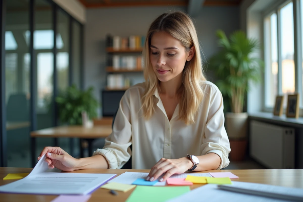 Jeune femme professionnelle organisant des notes colorées au bureau