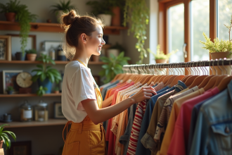 Jeune femme souriante triant des vêtements de seconde main dans un magasin lumineux
