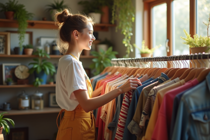 Jeune femme souriante triant des vêtements de seconde main dans un magasin lumineux