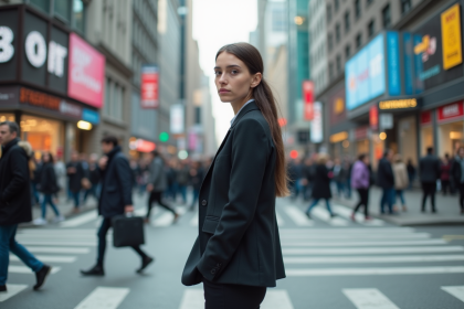 Jeune femme en ville croisant piétons dynamique