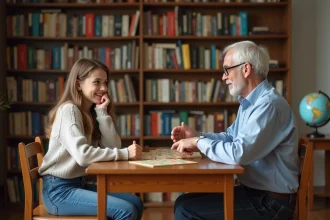 Jeune fille souriante jouant à un jeu de mots avec un homme âgé