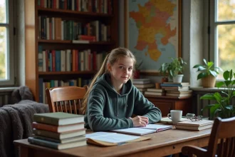 Jeune fille concentrée étudie des livres d'histoire de France