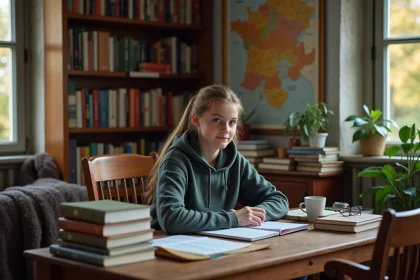 Jeune fille concentrée étudie des livres d'histoire de France